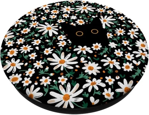 Vista 2 de Lindo gato negro escondido en margarita floral gato PopSockets intercambiables PopGrip