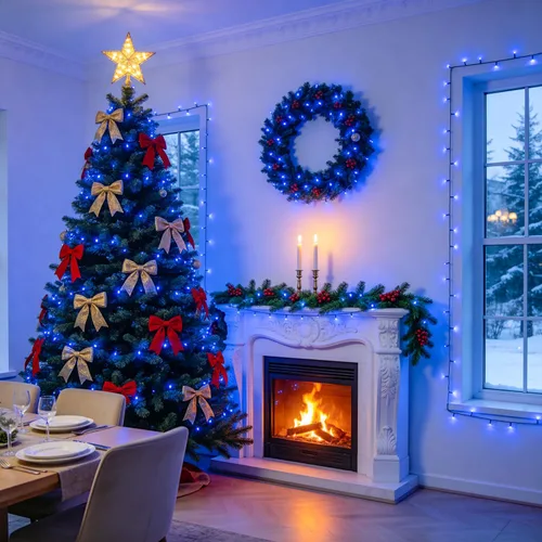 Vista 6 de JMEXSUSS 250 luces LED azules de Navidad: cadena de luces azules extensibles de 91.5 pies para interiores y exteriores, impermeable, con 8 modos