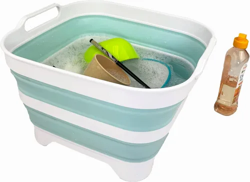Vista 7 de SAMMART Sartén de plástico plegable de 10 L (2.6 galones) con tapón de drenaje, tina de lavado portátil, bañera plegable, almacenamiento de cocina