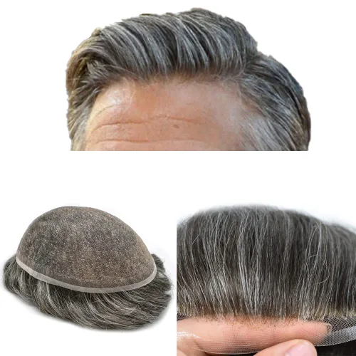 Vista 60 de Completo suizo encaje tupé para hombres pieza de pelo real sistema de reemplazo de cabello humano para hombres Toupee Hairpieces para hombres 7x9
