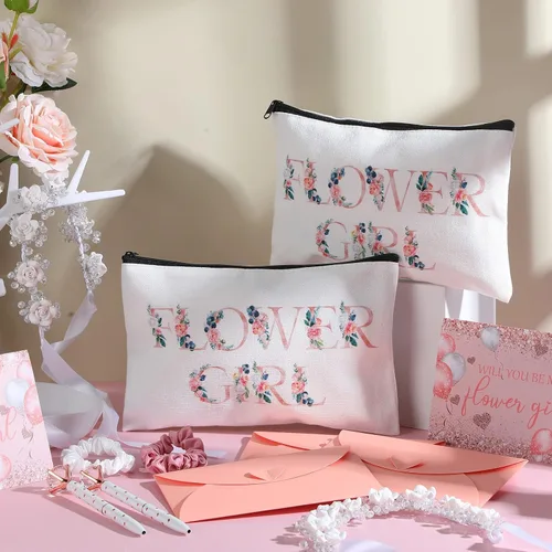 Vista 4 de Eccliy Juego de 12 piezas de regalo de propuesta de niña de las flores, bolsa de cosméticos, tocado de niña de las flores, scrunchies de satén