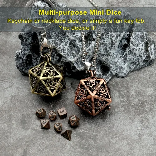 Vista 2 de Haxtec Juego Mini de Dados de Metal DND con Estuche de Collar Hueco Juego de Dados de Metal Pequeños Antiguos Juego de Llaveros D&D Portátil Juego