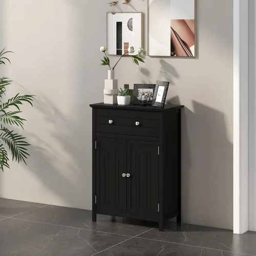 Vista 4 de COSTWAY Armario de suelo de baño, organizador de almacenamiento lateral de madera con cajón más grande, estante ajustable y armario de 2 puertas