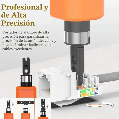 Vista 4 de LEATBUY - Juego de herramientas de crimpado RJ45, crimpadora Cat5 Cat5e Cat6, 50 conectores de paso, 50 cubiertas, probador de cables de red, Naranja