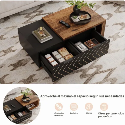 Vista 5 de Tribesigns - Mesa de café extensible con 2 cajones de almacenamiento, mesa central de dos tonos con tablero deslizante, mesa de cóctel rectangular