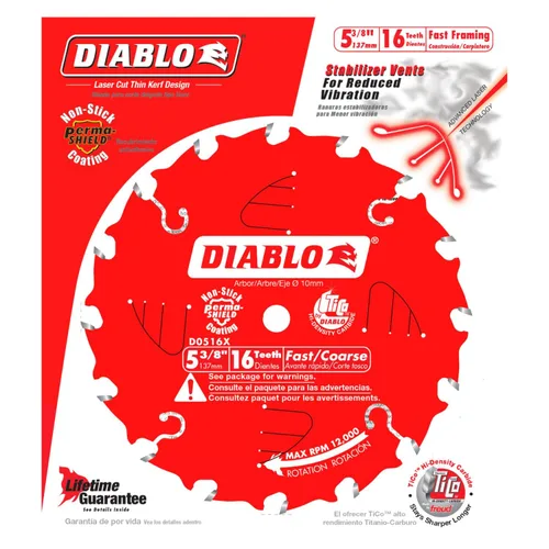 Vista 2 de Disco de sierra de enmarcado rápido Diablo para madera - Diámetro de 5-3/8", 16 dientes ATB, eje de 10 mm, corte de 0.049", ángulo de gancho de 18°
