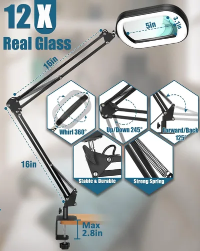 Vista 6 de 12 lupas con luz y soporte, lente rectangular de vidrio real, brazo giratorio grande de 2 x 16 pulgadas, lámpara de escritorio con abrazadera
