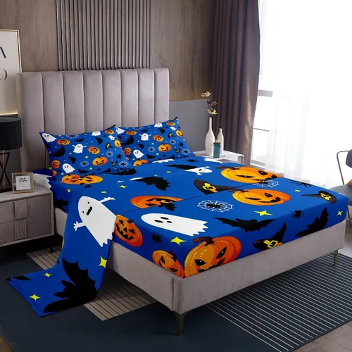 Vista 14 de Manfei Juego de sábanas de Halloween tamaño individual, juego de ropa de cama de farol de calabaza fantasmas para niños y niñas, decoración