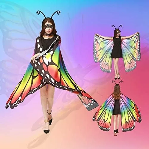 Vista 5 de Disfraz navideño de alas de mariposa para mujer, diseño de hada para adultos, suave capa para mujer, Arco iris