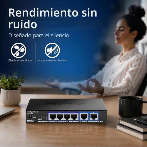 Vista 7 de TRENDnet Switch 10G de 6 puertos, 4 puertos 2.5G RJ-45 Base-T, 2 puertos RJ-45 10G, capacidad de conmutación de 60Gbps, montable en pared