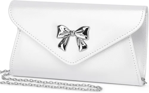 Vista 9 de Gurina Bolso de mano de noche con detalle de lazo, elegante bolsa de fiesta de piel sintética brillante con cadena desmontable para boda y baile