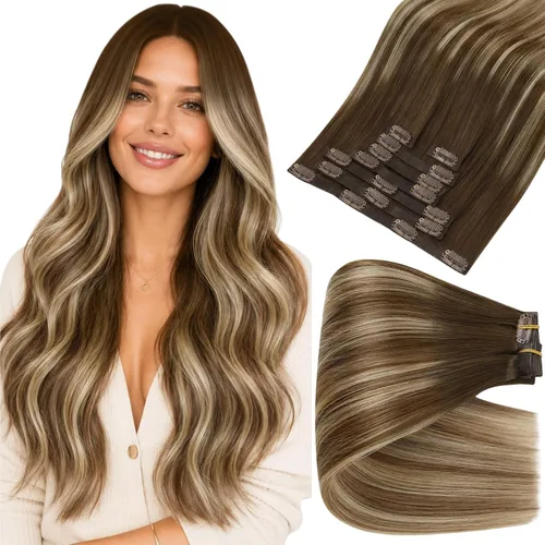 Vista 20 de Full Shine Extensiones de Cabello Rubio con Clip Reflejos Cabello Humano Extensiones con Clip Rubio Ceniza Mezcla Rubio Decolorado PU Extensiones
