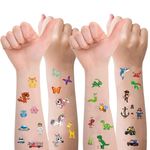 Vista 4 de Tatuajes para niños de más de 350 años, 16 tipos mixtos de tatuajes temporales para niñas y niños, dinosaurios espaciales, animales, mariposa