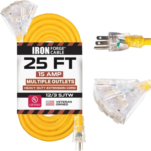 Vista 14 de Iron Forge Cable Cable de extensión resistente de calibre 12, 2 pies, color amarillo SJTW 12/3 Outdoor Cable, Lighted End, 3 Prong Grounded Plug