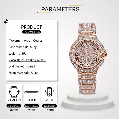 Vista 2 de Reloj de diamantes para mujer, esfera con números romanos y movimiento de cuarzo analógico de lujo