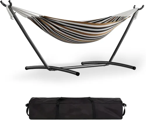 Vista 10 de GarveeLife Hamaca doble para 2 personas, hamaca de pie para interiores y exteriores con soporte de acero que ahorra espacio, bolsa de transporte