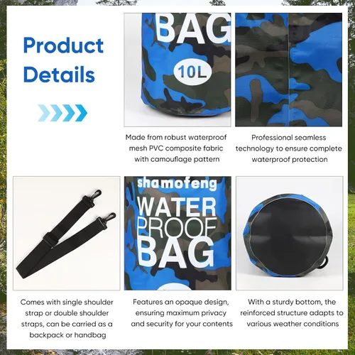 Vista 5 de Bolsa seca impermeable de 5L/10L/15L/20L/30L Mochila de almacenamiento en seco con funda para teléfono, botella de agua plegable, gafas de sol Azul