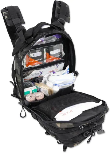 Vista 2 de Lightning X Mochila médica de primeros auxilios para trauma y hemorragia + kit (Camuflaje negro)
