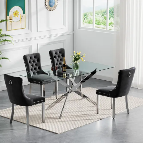 Vista 13 de Juego de mesa de comedor de cristal plateado moderno de 47 pulgadas para 2, juego de mesa de comedor de cocina redonda de 3 piezas con patas