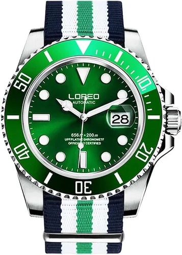 Vista 13 de LOREO Reloj automático de acero inoxidable plateado para hombre, con bisel giratorio, cristal de zafiro, negro