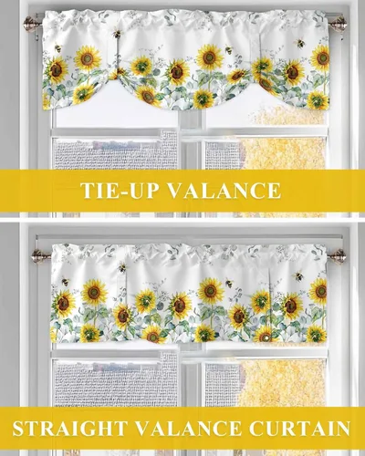 Vista 8 de Cortinas florales pequeñas para ventana de baño y cocina, 1 paquete de cortinas aislantes térmicas con lazos de 60 x 18 pulgadas, girasoles, abejas