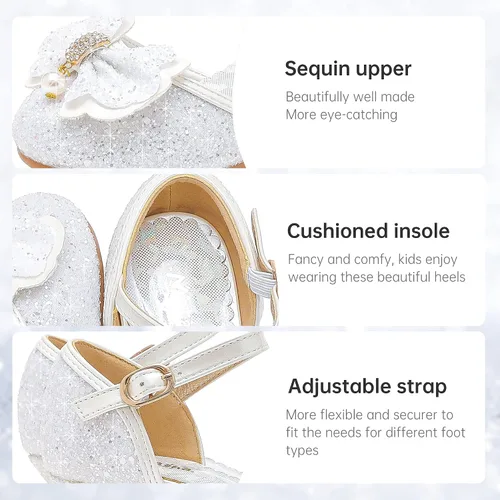 Vista 5 de Sandalias para niñas, tacones cerrados, para boda, fiesta, princesa, lazo con lentejuelas para niños pequeños y grandes