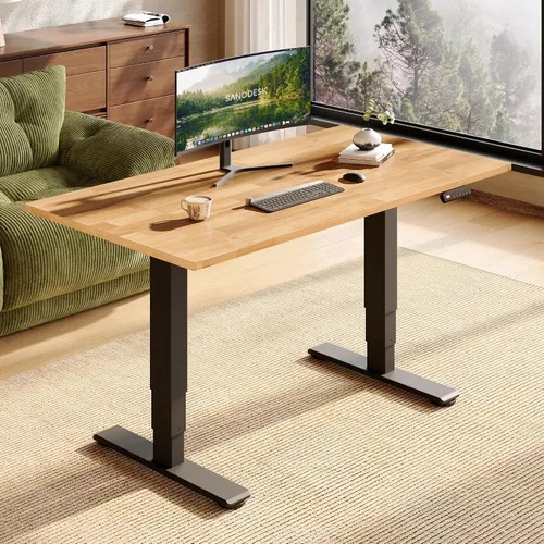 Vista 20 de SANODESK Escritorio de pie de madera maciza de caucho con motor dual 48"x24 Mesa natural + marco blanco