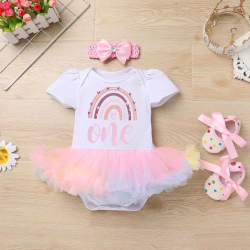 Vista 2 de ODASDO Conjunto de 3 piezas de ropa para bebé niña para primer cumpleaños, tutú de arcoíris, princesa, mameluco, tiara, zapatos, 3 piezas