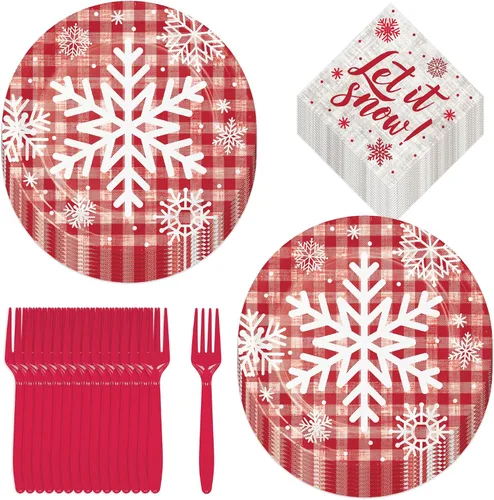 Vista 15 de HOME & HOOPLA Platos y servilletas de papel grandes para fiesta de Navidad, diseño calmado y brillante en verde y dorado moderno (para 16 personas)