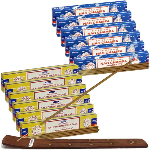 Vista 15 de Varillas de incienso de Sangre de Dragón y Palo Santo con soporte, paquete de variedad de la marca House of Nag Champa y Trumiri