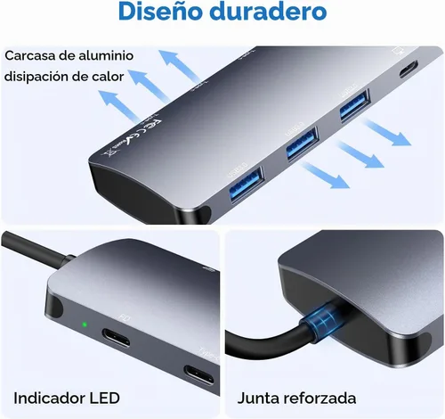 Vista 7 de Hub USB C de 10 Gbps, divisor USB C con salida de video 4K a 60 Hz, carga PD de 100 W, transferencia de datos, extensor adaptador USB 4 multipuerto