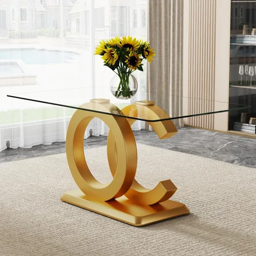 Vista 11 de Ebullient Mesa de comedor de vidrio de 63 pulgadas, mesa de cocina rectangular de vidrio con base de diseño OC negro, mesa de comedor con parte
