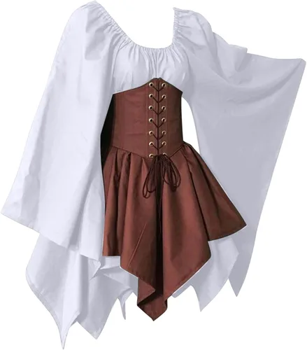 Vista 4 de SHOPESSA Disfraz medieval renacentista para mujer, vestido de corsé pirata, manga acampanada, vestido corto irlandés tradicional