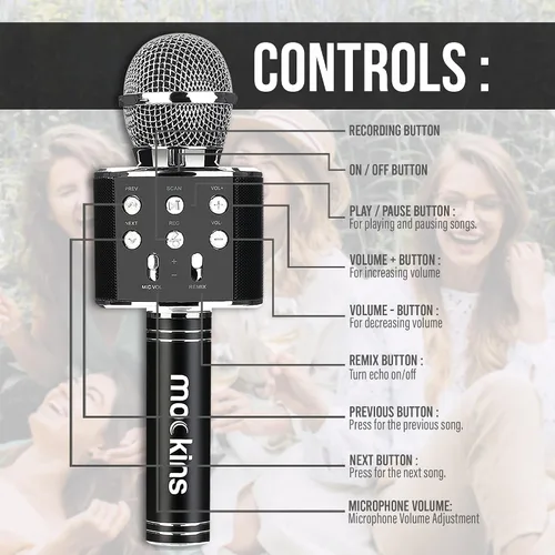 Vista 5 de Mockins Micrófono de Karaoke Bluetooth Negro para Niños con Altavoz Bluetooth Integrado Micrófono Inalámbrico de Karaoke Compatible con iPhone