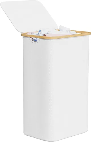 Vista 23 de SpaceAid Cesta de lavandería delgada con ruedas y tapa, cesta de ropa estrecha rodante de 62 litros con mango de bambú, canasta grande para ropa
