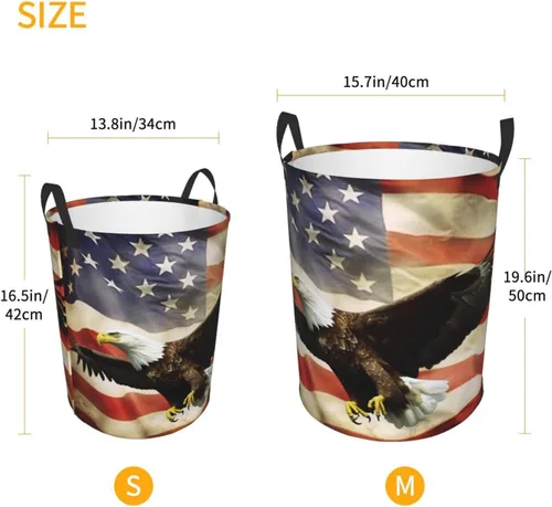 Vista 5 de Cesta circular con estampado de bandera estadounidense con águila moscada, impermeable, cesta organizadora de lavandería, con asas, para ropa