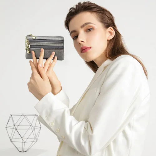 Vista 2 de imeetu Monedero para mujer, monedero de cuero genuino con cremallera, pequeño monedero con llavero, Gris claro, 5.1 x 3.35 x 0.59 inches, Monedero
