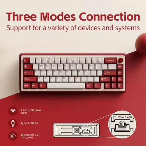 Vista 6 de OOCTPK Chilkey Foxy65 Teclado Mecánico con Perilla, Montaje de Junta Teclado Mecánico Inalámbrico de Aluminio 65%, BT5.0/2.4GHz/USB-C