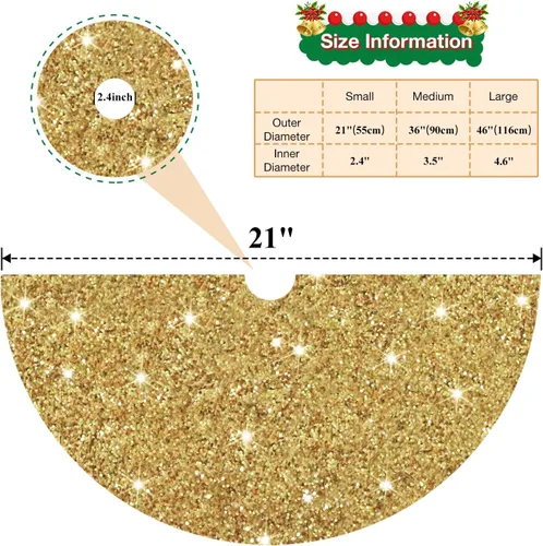 Vista 2 de Faldón para árbol de Navidad con lentejuelas doradas brillantes de 21 pulgadas, faldón de terciopelo con lentejuelas para árboles delgados, collar