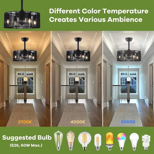 Vista 4 de OUKANING Ventilador de techo invisible enjaulado con luz, 3 velocidades ajustables, luces de ventilador de techo cerradas con control remoto