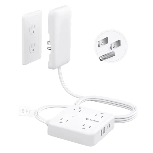 Vista 14 de TROND - Tira de alimentación con cubierta de toma, cable de extensión plano corto de 3 pies con 8 tomas de CA y 4 puertos USB, 13A/1625W, protector