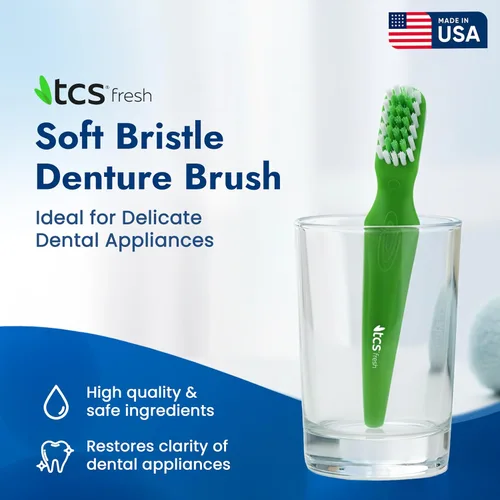 Vista 2 de TCS Cepillo de cerdas suaves frescas para dentaduras postizas, retenedores y alineadores, fabricado con cerdas de nailon Dupont® de primera calidad