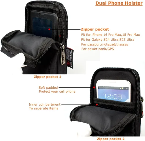 Vista 3 de Funda grande de nailon multiusos para iPhone 15 Pro Max 14 Pro Max Galaxy S22 Ultra S23 Ultra Universal Dual Smartphone con clip para cinturón