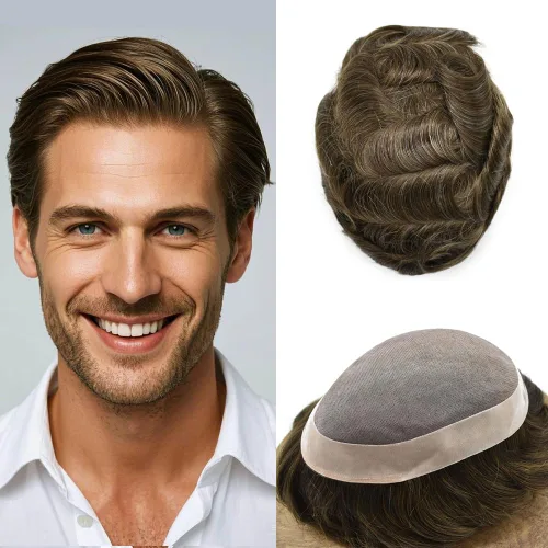 Vista 50 de Mens Toupee Hair Piece Real Human Hair Fine Mono Toupee para hombres Sistema de reemplazo de cabello para hombre Postizo Protesis Capilar Para