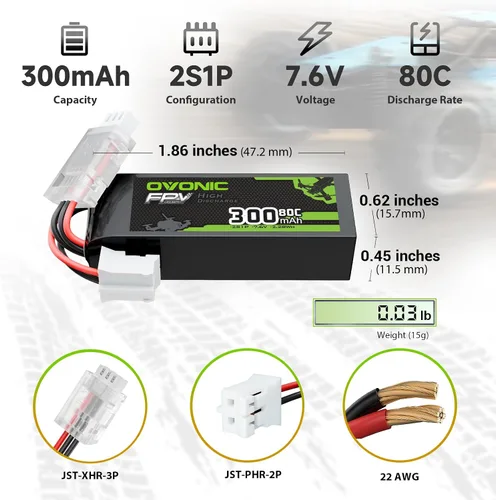 Vista 2 de OVONIC Batería Lipo de 7.6V 80C 300mAh 2S con enchufe JST [1 paquete que incluye 2 baterías]