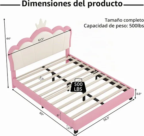 Vista 2 de Harper & Bright Designs Base de cama de princesa tapizada de tamaño matrimonial con cabecero de corona para niños, niñas, niños pequeños, cama