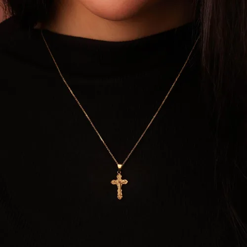 Vista 2 de 10K/14K Yellow, Rose, or White Gold 1" Floral INRI Crucifix Jesus Cross Necklace A. Oro amarillo