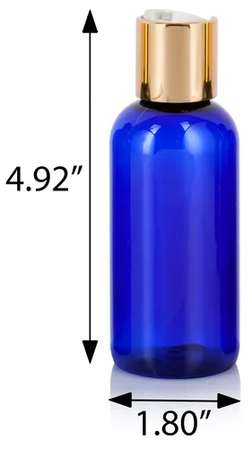 Vista 2 de JUVITUS Botella redonda Boston de plástico azul cobalto de 4 oz / 4.1 fl oz con tapa de disco dorada (paquete de 12)