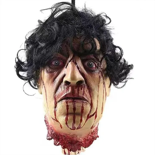 Vista 18 de RiceelSor Decoración colgante de cabeza dividida para Halloween, diseño de cadáver sangriento, de terror, de tamaño real, con peluca, disfraz