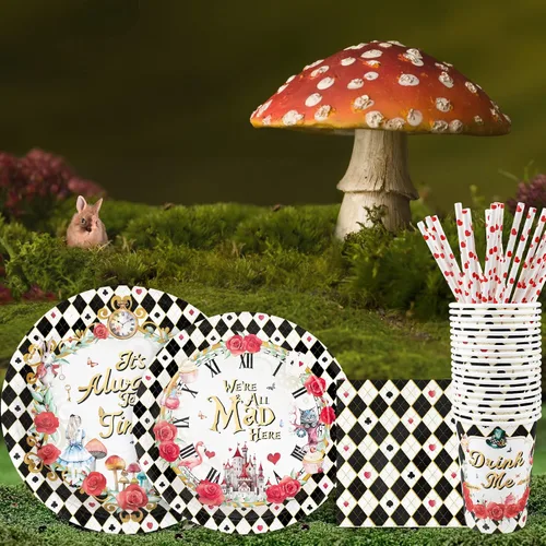 Vista 3 de Decoraciones para la fiesta del té de Alicia - Platos de papel para baby shower, servilletas, tazas y pajitas para 24 invitados, juego de vajilla